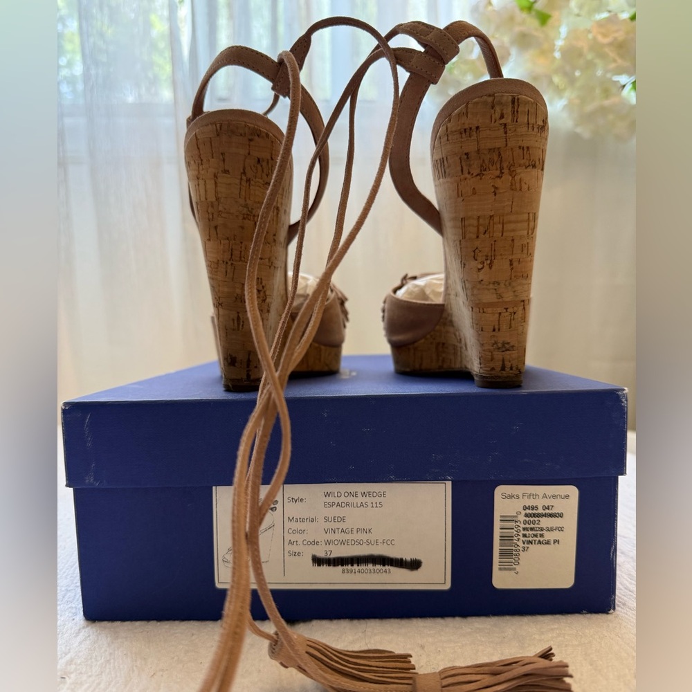 Aquazzura Wild One Wedge Sandals with Tassels Nude-Tan /VintagePink Color Size37 - Picture 7 of 11